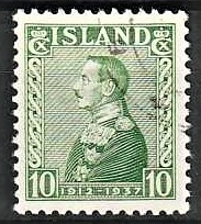 FRIMÆRKER ISLAND | 1937 - AFA 187 - Chr. X Sølvjubilæum - 10 aur grøn - Stemplet